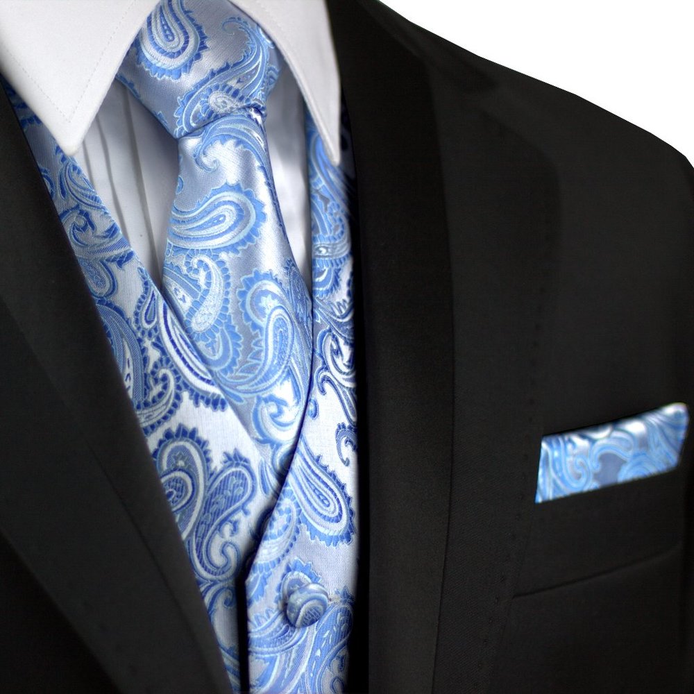 Men's Formal Wedding Prom Homecoming Tuxedo Vest Tie Hankie - Cornflower Paisley